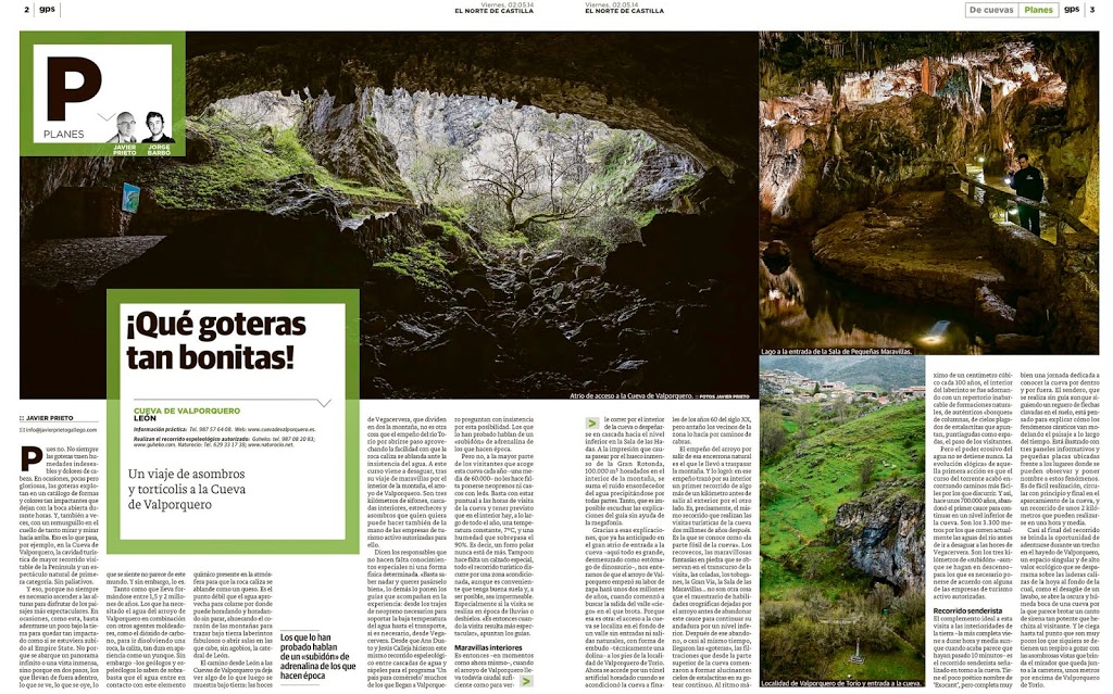 Reportaje sobre la Cueva de Valporquero publicado por Javier Prieto Gallego en el periódico EL NORTE DE CASTILLA.