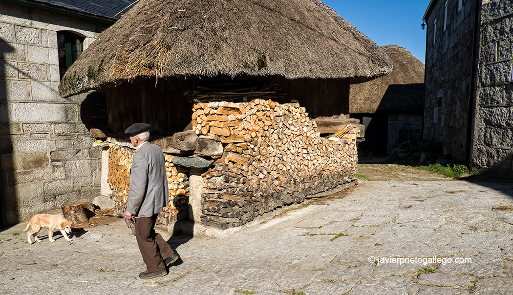 Horreo tradicional con teito y madera apilada en Piornedo de Ancares. Los Ancares. Lugo. Galicia. España © Javier Prieto Gallego;